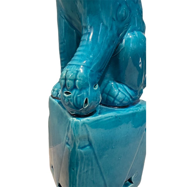 Turquoise Large MCM Turquoise Glazed Foo Dog Guardian Sculpture For Sale - Image 8 of 12