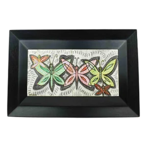 Mid 20th Century Hand Painted Butterfly Design Double Tiles With Modern Wooden Frame Decorative Tray - Wall Decor Signed