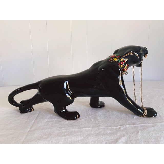 Vintage MidCentury Modern Large Ceramic Black Panther Statue With