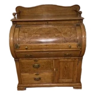 Stunning Antique Victorian Era Cylinder Top Golden Oak Desk For Sale