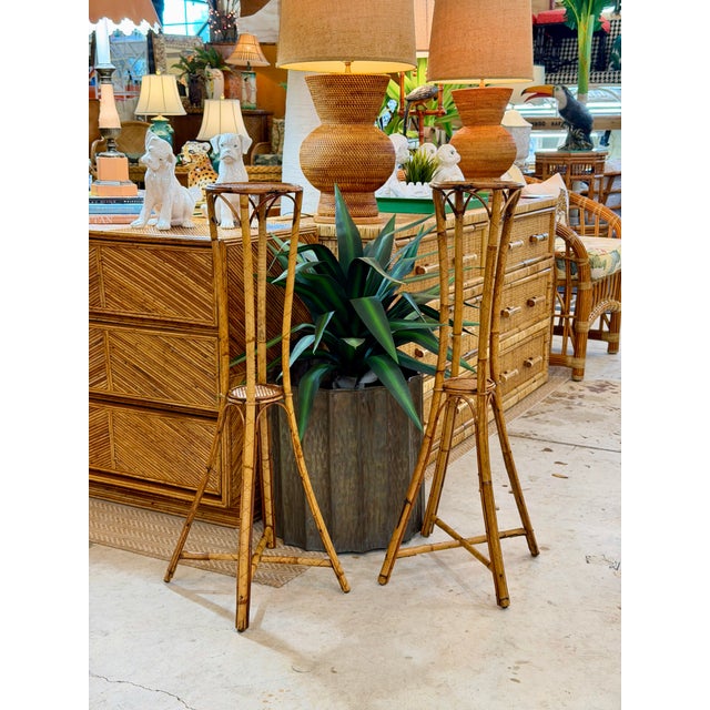 Vintage Pair of Faux Bamboo and Woven Rattan Plant Stands For Sale - Image 12 of 12