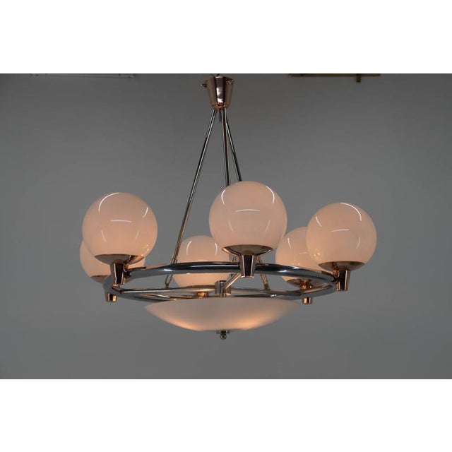 Art Deco Chandelier in Chrome, Copper & Opaline Glass, Czech, 1930s For Sale - Image 9 of 18