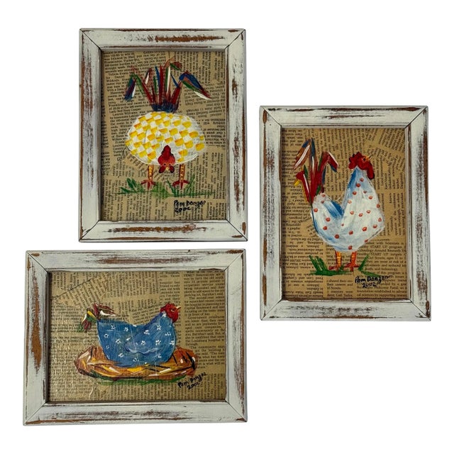 Vintage Farmhouse Chicken Decoupage Framed Paintings - A Trio For Sale