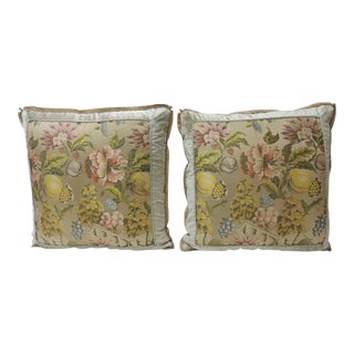 Antique Green and Yellow French Silk Brocade Floral Decorative Pillows - A Pair For Sale