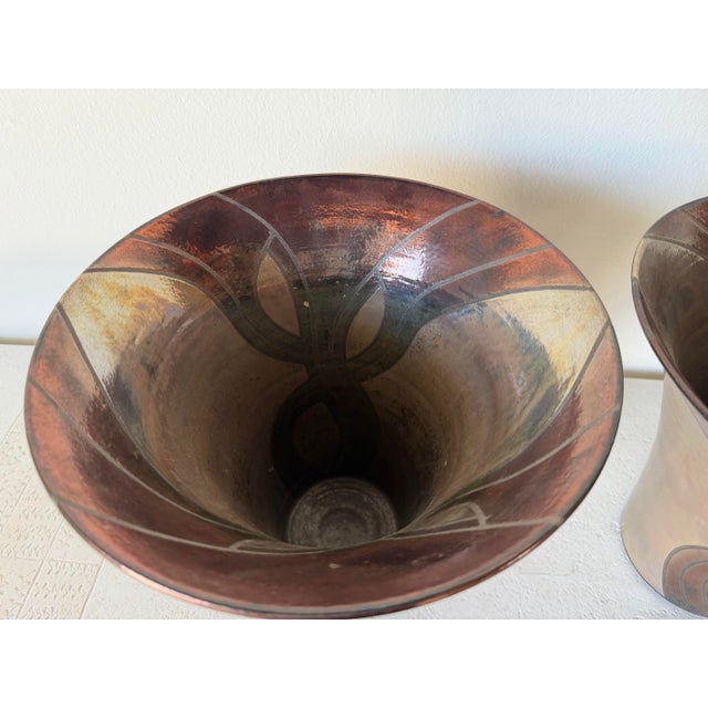 Vintage Signed t.p. Raku Pottery Vases – A Pair For Sale - Image 4 of 11