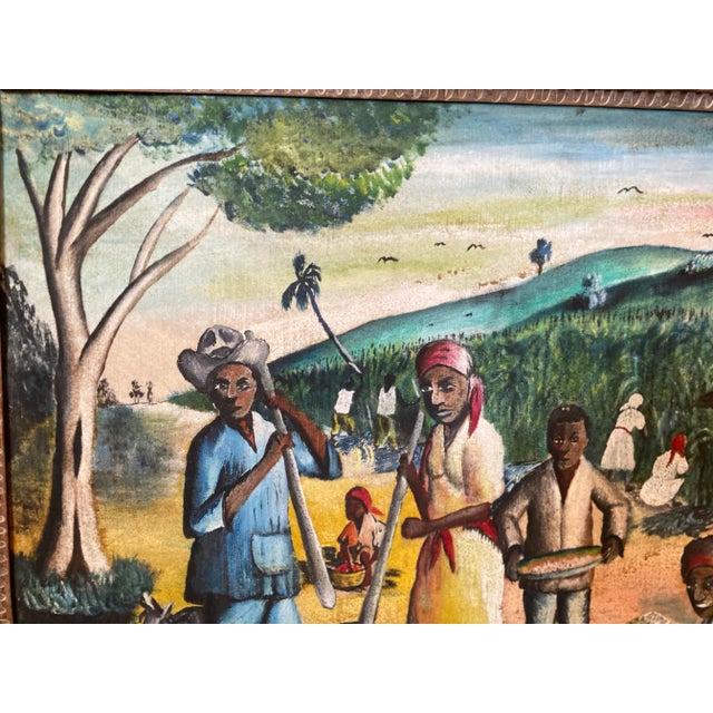 1960s 1969 Haitian Village Scene Folk Art Style Painting by Pierre Augustin, Framed For Sale - Image 5 of 12