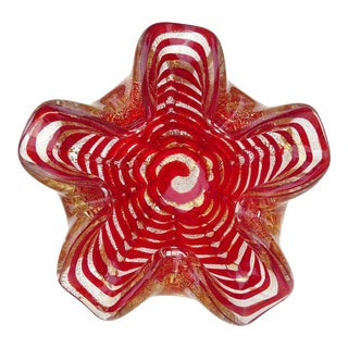 Vintage Barovier Toso Murano Red Gold Flecks Italian Art Glass Flower Shaped Midcentury Bowl For Sale