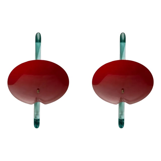 Red Colour and Brass Wall Lights by Roberto Giulio Rida, Set of 2 For Sale