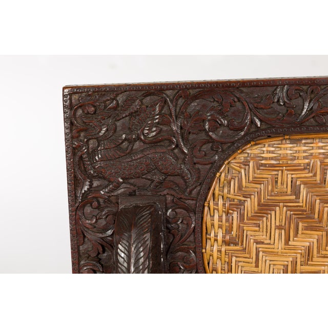 Anglo-Indian 1900 Armchair with Carved Back, Mythical Creatures and Woven Rattan For Sale - Image 9 of 12
