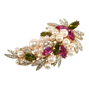Vintage R Mandle Spray Brooch Fuchsia Pink Green Rhinestones Faux Pearls