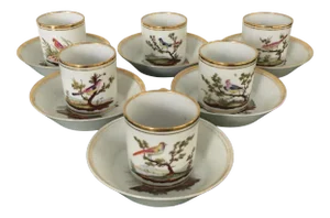 1810 Old Paris Porcelain Ornithological Bird Pattern Coffee Cups & Saucers Set- 12 Pieces