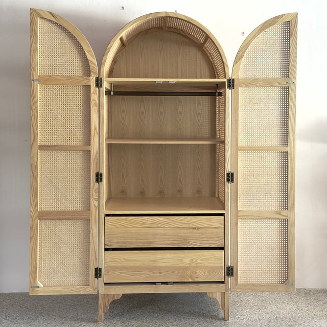 2020s Boho-Chic Arched Natural Rattan & Solid Wood Double-Door Wardrobe Armoire For Sale - Image 5 of 18