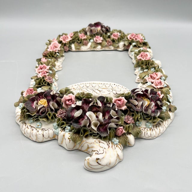 Mid-Century Modern Mid-Century Signed Italian Porcelain Floral Wall Frame With Shelf – Italian / Romantic / Rococo Revival / Capodimonte Style For Sale - Image 3 of 15