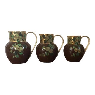 English Aesthetic Movement Pottery Pitchers Decorated with Fruit Peach Quince Branches - Set of 3 For Sale