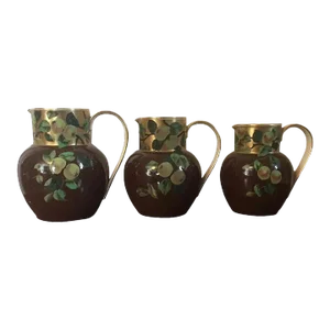 English Aesthetic Movement Pottery Pitchers Decorated with Fruit Peach Quince Branches - Set of 3