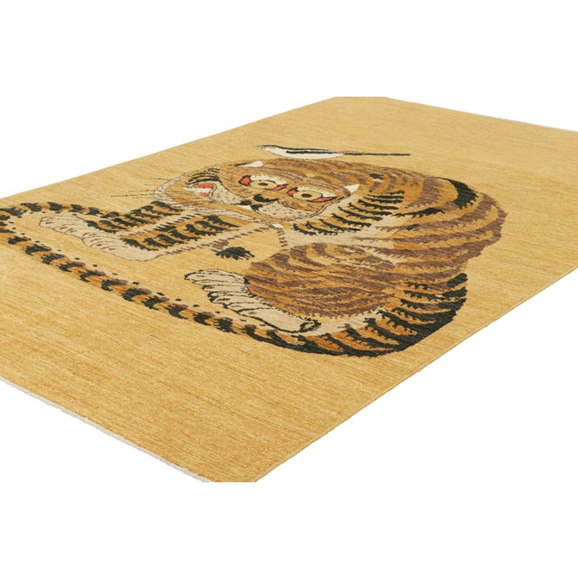 Rug & Kilim Rug & Kilim’s Contemporary Tiger Pictorial Rug in Gold, Brown and Black Tones For Sale - Image 4 of 7