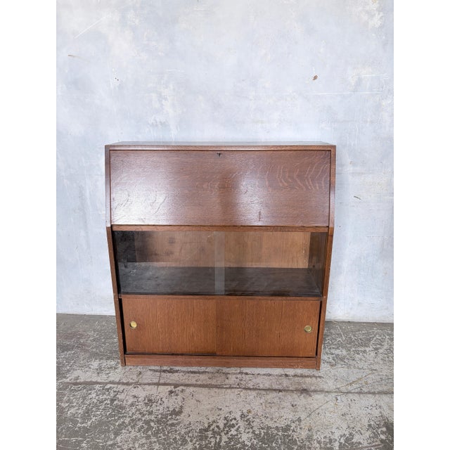 Brown Mid-Century Oak Bureau Cabinet with Sliding Doors, 1960s For Sale - Image 8 of 10