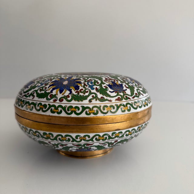 Metal Antique Cloisonne Enamel Circular Box- 7 Inch Diameter For Sale - Image 7 of 12