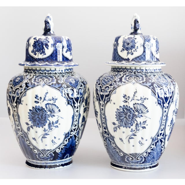 French Country Large Mid-Century Dutch Delft Lidded Ginger Jars Vases - A Pair For Sale - Image 3 of 14