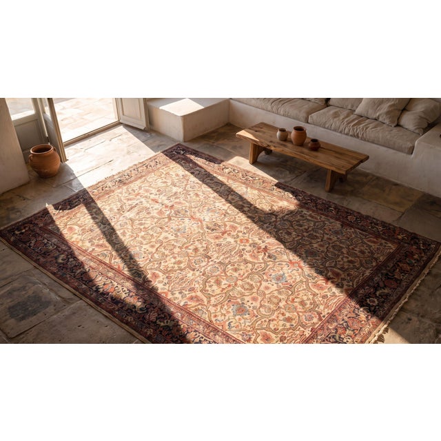 1880s Ivory Floral Handknotted Antique Persian Malayer Rug 8'7" X 9'3" Wool Carpet For Sale - Image 9 of 11