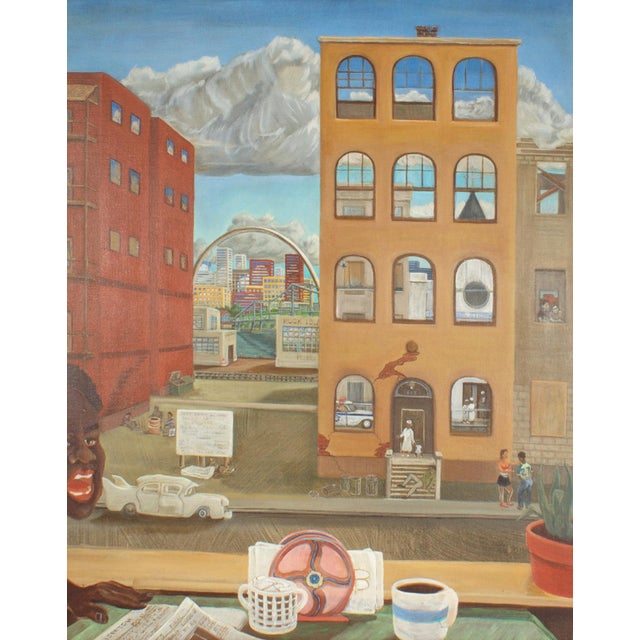 An oil on canvas painting of St. Louis by the American artist G.T. Tisori (1939-2012). This painting depicts a person...