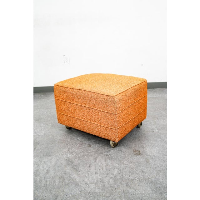 Mid Century Modern Ottoman Stool Rectangular Cushion Orange Vintage Rolling Seat For Sale - Image 4 of 11