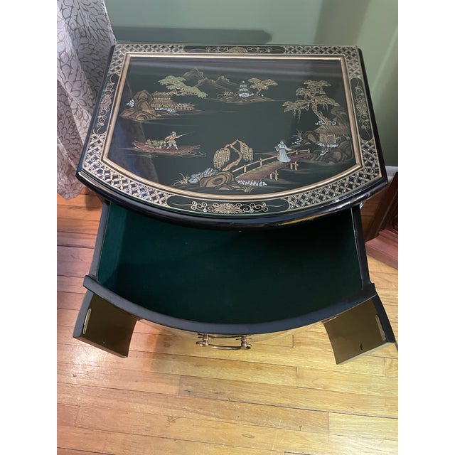 Wood VIntage Petite 19" Hand-Painted Gilt Chinoiserie "Shan Shui" Demilune Cabinet For Sale - Image 7 of 13