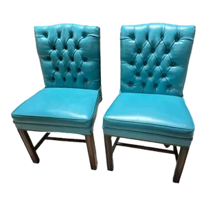 Drexel Vintage Mid Century Teal Button Tufted Accent Chairs - a Pair