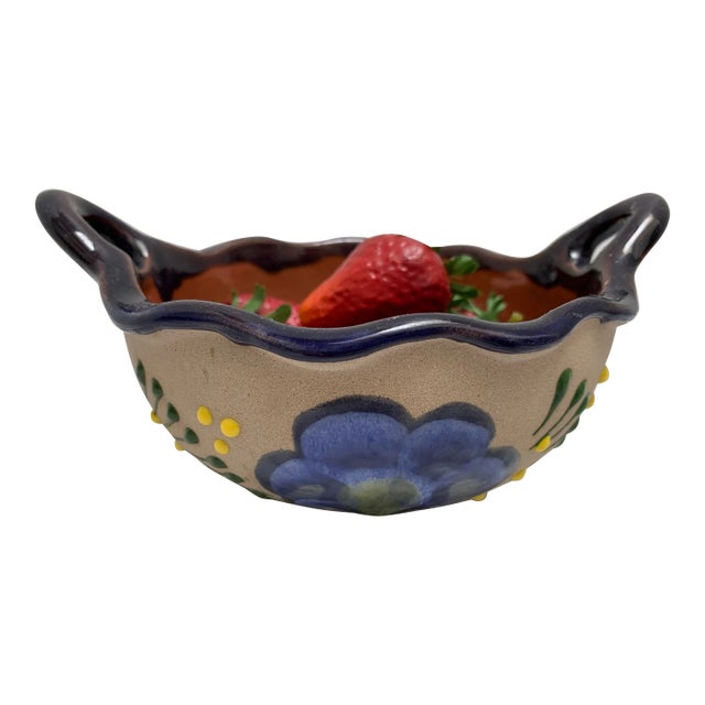 Rustic Vintage Pottery Bowl With Faux Strawberries For Sale