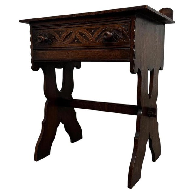 Wood Antique English Oak Side Table with Gallery, 1900s For Sale - Image 7 of 9