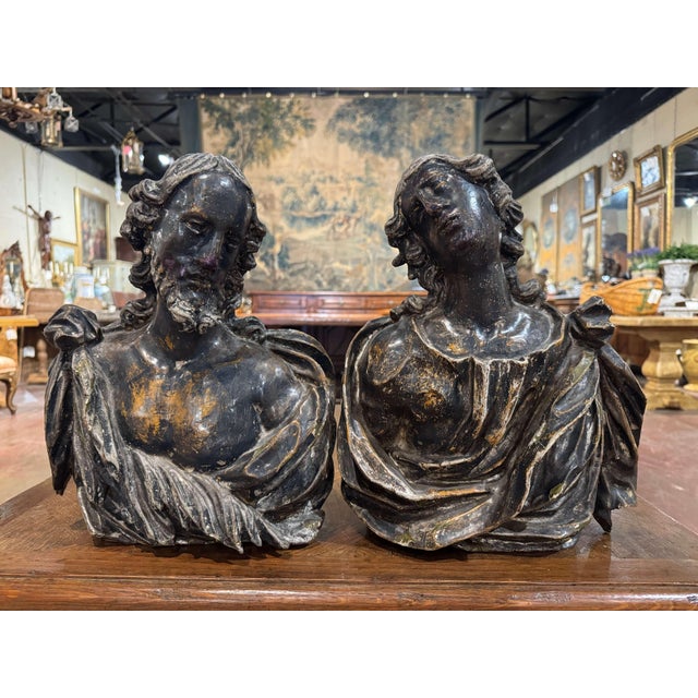 Pair of 18th Century French Carved Polychrome Male & Female Bust Wall Sculptures For Sale In Dallas - Image 6 of 13