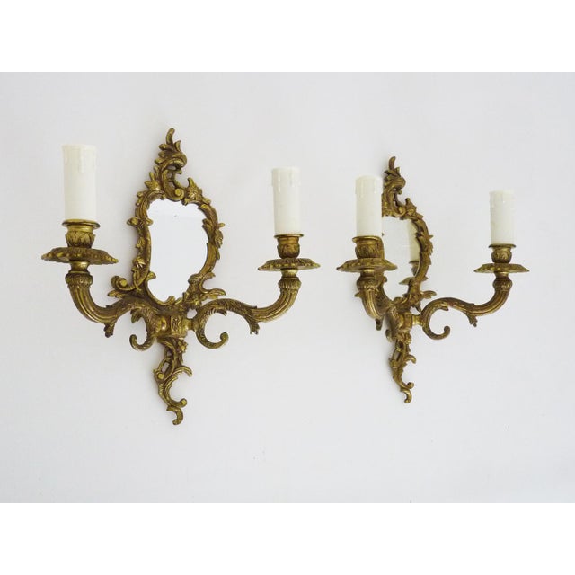 Vintage Bronze Wall Lights with Mirror and 2 Candles in the style of Lucien Gau, 1960s, Set of 2 For Sale - Image 3 of 8