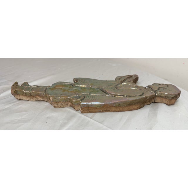 Green Big Antique Handmade Figural Green Iridescent Glaze Man Pottery Wall Tile Art For Sale - Image 8 of 11