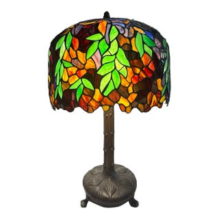 Vintage Tiffany Style Lamp With Foliage Design For Sale