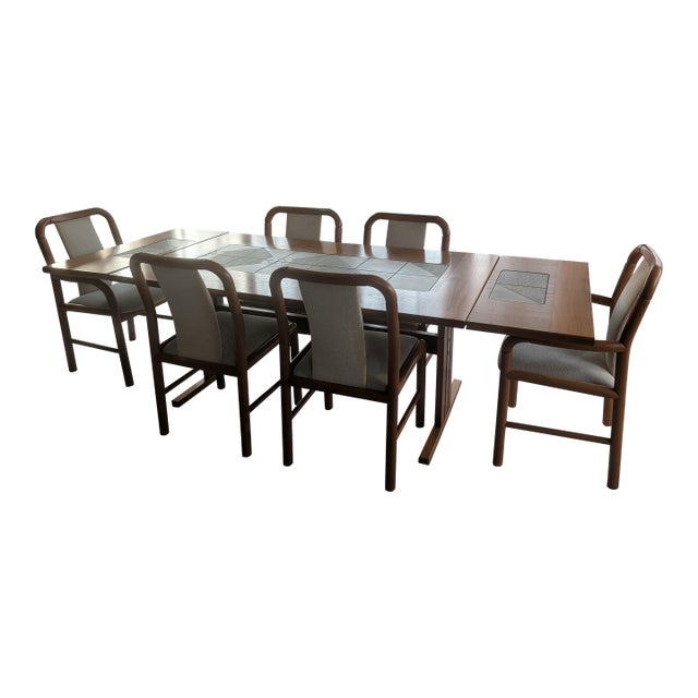 Gangsø Møbler Danish mid-century modern 100% teak wood drop leaf dining table with natural ceramic tile insets, and six...