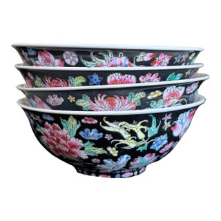 1960s Large Famille Noire Style Chinese Porcelain Bowls, Black Ground Floral - Set of 4 For Sale