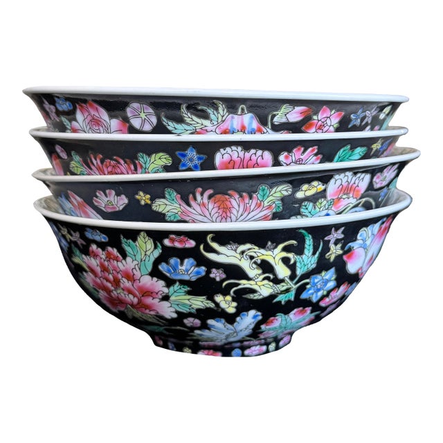 1960s Large Famille Noire Style Chinese Porcelain Bowls, Black Ground Floral - Set of 4 For Sale