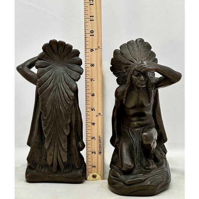 Large & Unusual Antique Native American Indian Motif Bronze Clad Bookends Signed Ruhl - Circa 1910s For Sale - Image 18 of 18
