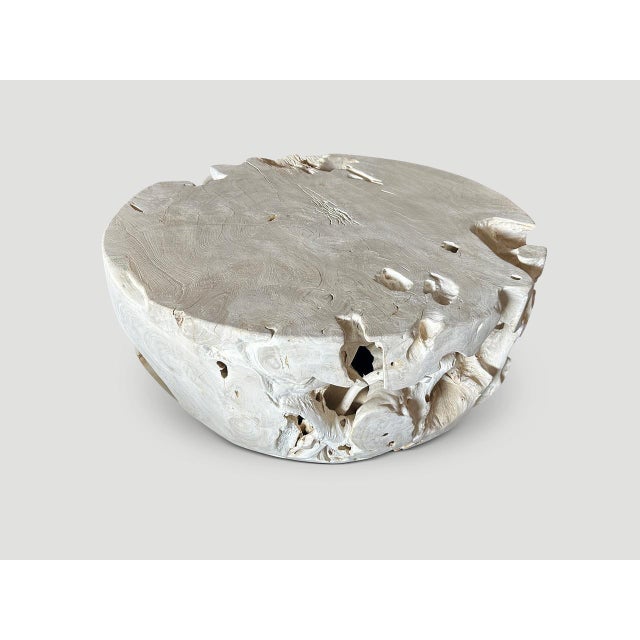 Impressive diameter on this organic reclaimed teak wood drum shape coffee table bleached with a light white washed...