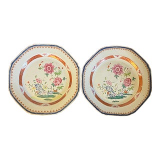 Antique 18th Century Chinese Export Porcelain Octagonal Plates Decorated With Peonies in Famille Rose Palette - A Pair For Sale