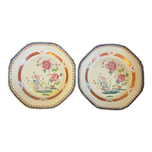 Antique 18th Century Chinese Export Porcelain Octagonal Plates Decorated With Peonies in Famille Rose Palette - A Pair