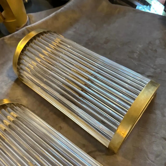Two Sciolari Style Mid-Century Modern Brass and Glass Italian Wall Sconces For Sale - Image 10 of 12