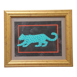 Leopard Minimalism Folk Art Abstract Aqua Sepia Beige Original Oil Painting by Cleo Plowden For Sale