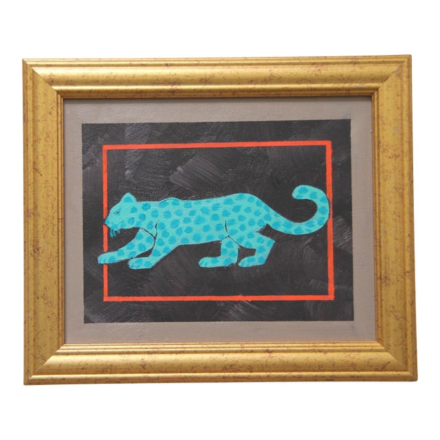 Leopard Minimalism Folk Art Abstract Aqua Sepia Beige Original Oil Painting Cleo Plowden For Sale