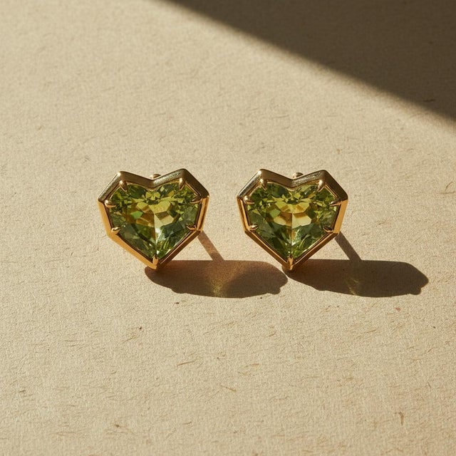 Modern Geometric Heart Peridot Stud Earrings, Silver, Gold, Pair For Sale - Image 3 of 8