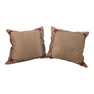 Large 1990s Embroidered Silk Feather Down Pillows- a Pair