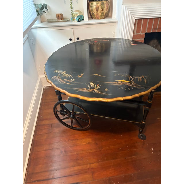 Black Vintage Imperial Furniture Grand Rapids Chinoiserie Bar Cart | C. 1940s | Black Lacquer, Raised Gold Chinoiserie, Drop Leaf For Sale - Image 8 of 12