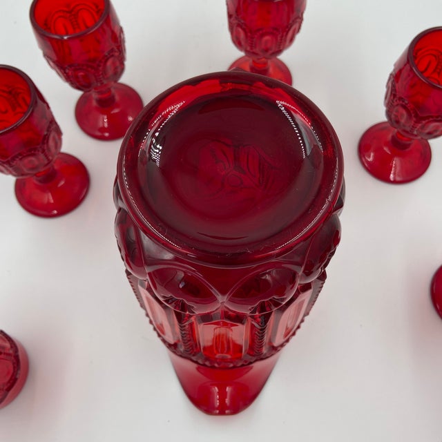 Vintage l.e. Smith Moon & Stars Ruby Red Glass Pitcher & 8 Small Goblets For Sale - Image 10 of 12