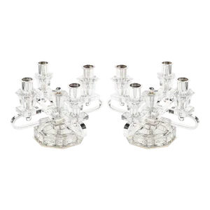 Pair of 1940s Art Deco Four Arm Silverplate & Crystal Candleholders