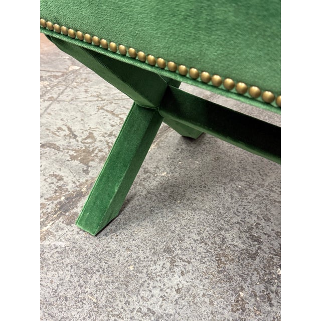 Hollywood Regency Style Green Velvet X-Base Ottoman Stools, Pair For Sale - Image 4 of 12